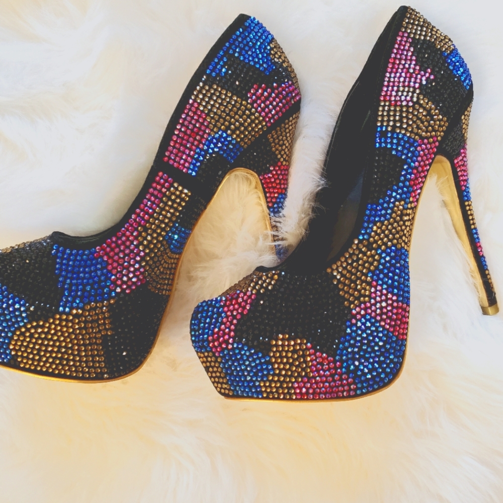 Shiekh Multi Color Bedazzled Rhinestone Platform Stiletto Heel.